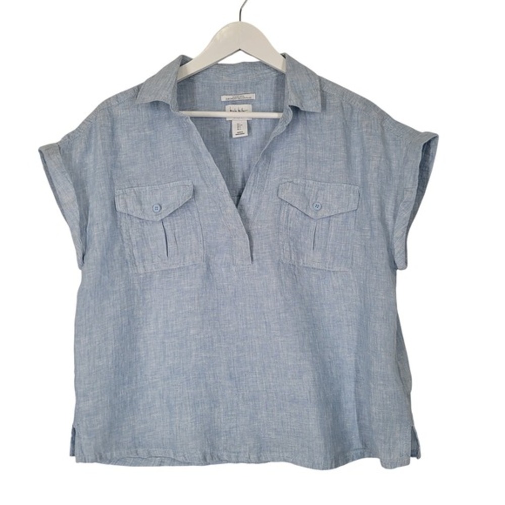 Nicole Miller Linen Shirt Blue Short Sleeve Collared Pocket V-Neck‎ Size L